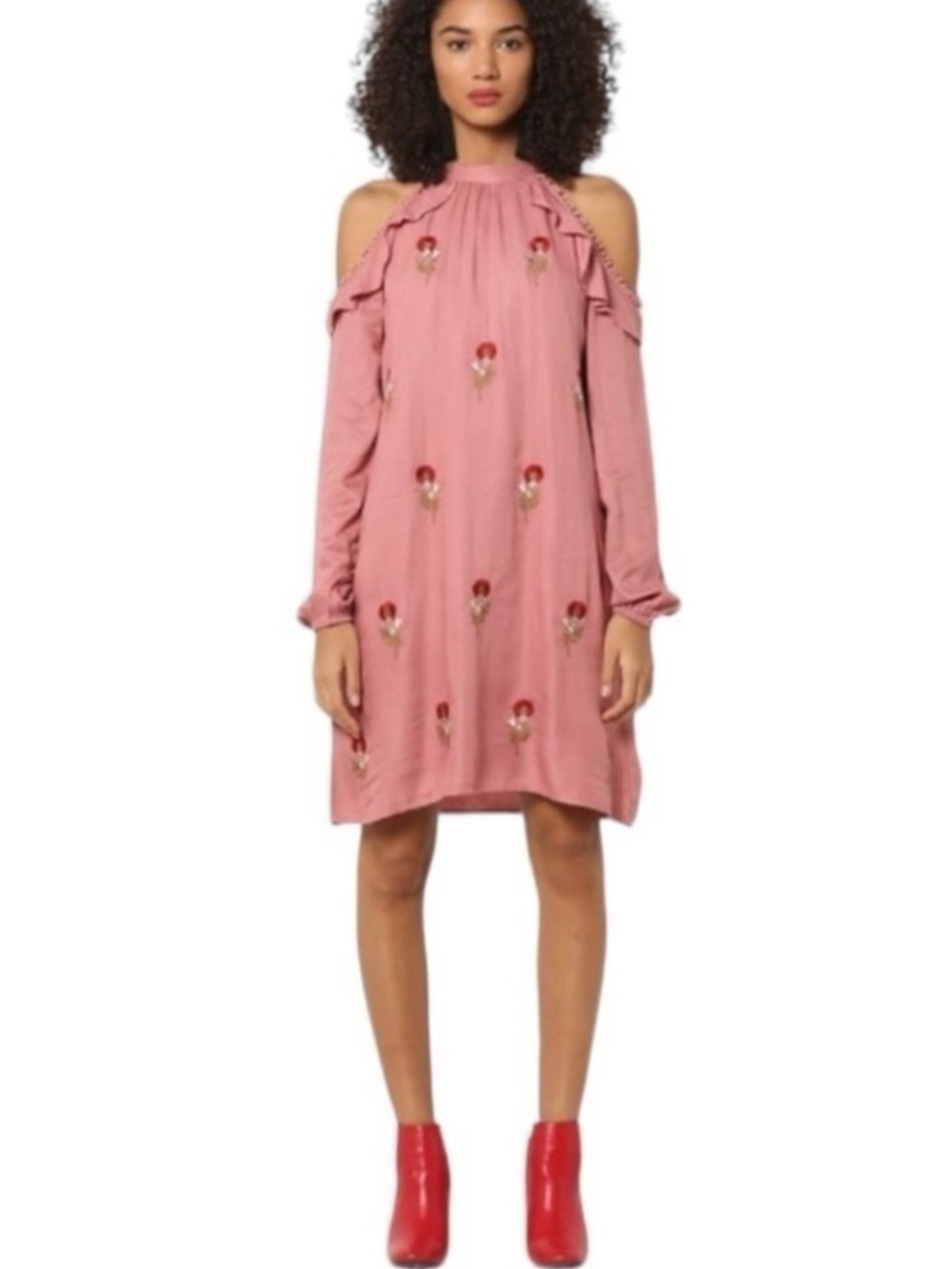 Raha Cali Fun Floral Embroidered Halter-neck cold shoulder carefree tunic Dress